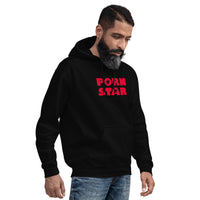 Red Porn Star Logo design on unisex hoodie, right-front view