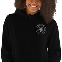 White Sigil of Baphomet embroidered on unisex hoodie, detail view