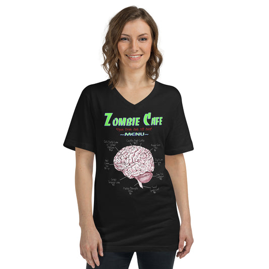 Zombie Cafe Brains Menu design on unisex V-neck shirt, front view