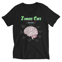 Zombie Cafe Brains Menu design on unisex V-neck shirt, front view