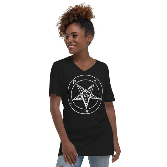 Sigil of Baphomet design on unisex V-neck shirt, front view