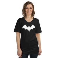 Blurry Bat design on unisex V-neck shirt, front view