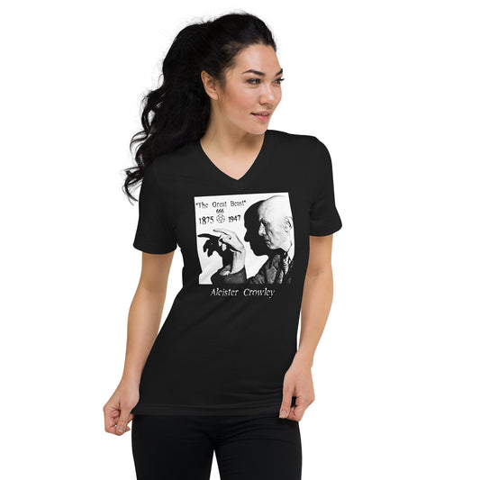 Aleister Crowley design on unisex V-neck shirt, front view