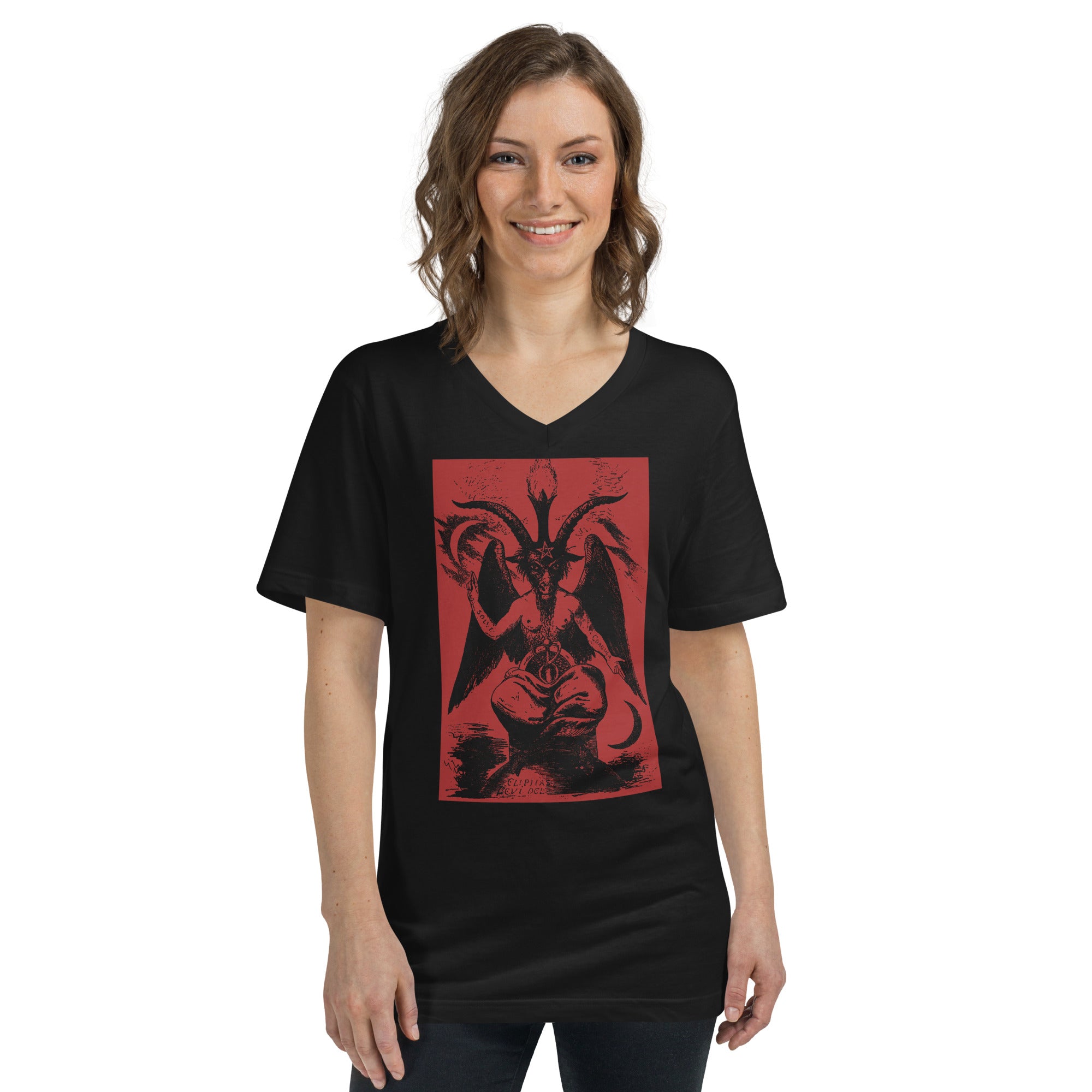 Original Baphomet Éliphas Lévi Drawing Women's Short Sleeve V-Neck T-Shirt Red Print - Edge of Life Designs