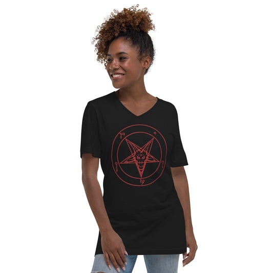 Red Sigil of Baphomet design on unisex V-neck shirt, front view