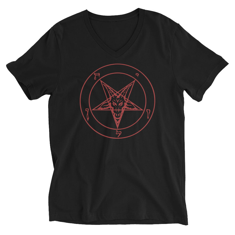 Sigil of Baphomet Insignia of Satan Women's Short Sleeve V-Neck T-Shirt Red Print - Edge of Life Designs