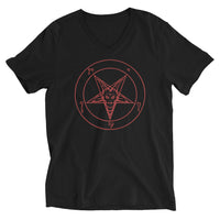 Red Sigil of Baphomet design on unisex V-neck shirt, front view