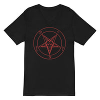 Red Sigil of Baphomet design on unisex V-neck shirt, front view
