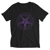 Purple Sigil of Baphomet design on unisex V-neck shirt, front view
