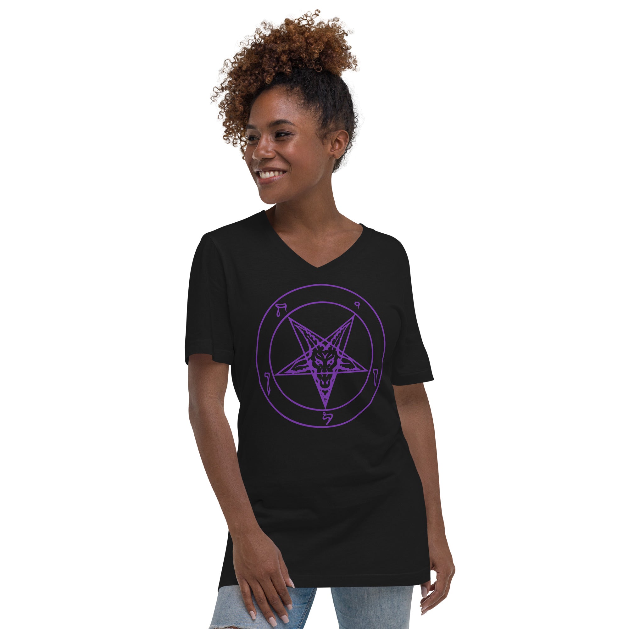 Sigil of Baphomet Insignia of Satan Women's Short Sleeve V-Neck T-Shirt Purple Print - Edge of Life Designs