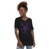 Purple Sigil of Baphomet design on unisex V-neck shirt, front view