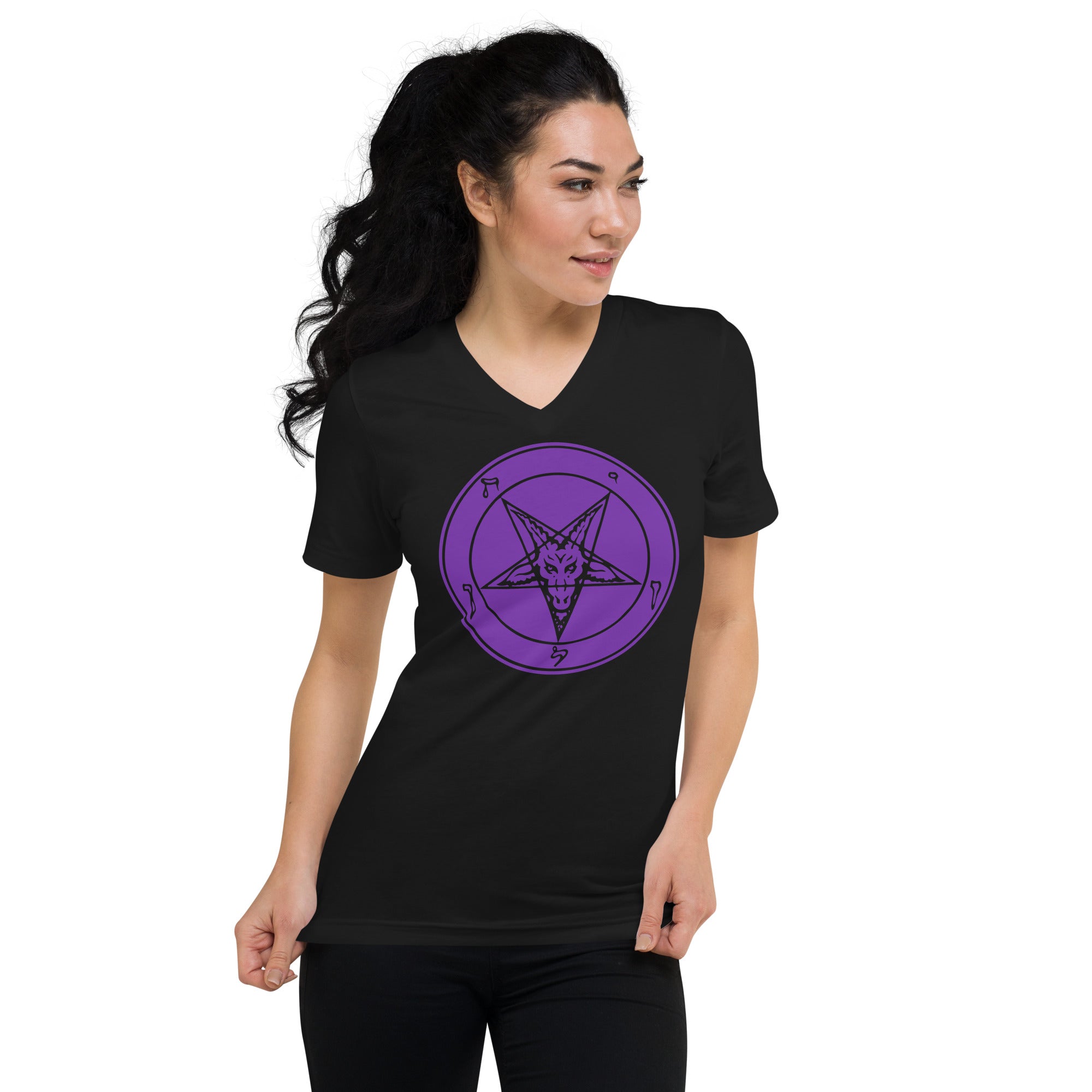 Classic Sigil of Baphomet Goat Head Pentagram Women's Short Sleeve V-Neck T-Shirt Purple Print - Edge of Life Designs