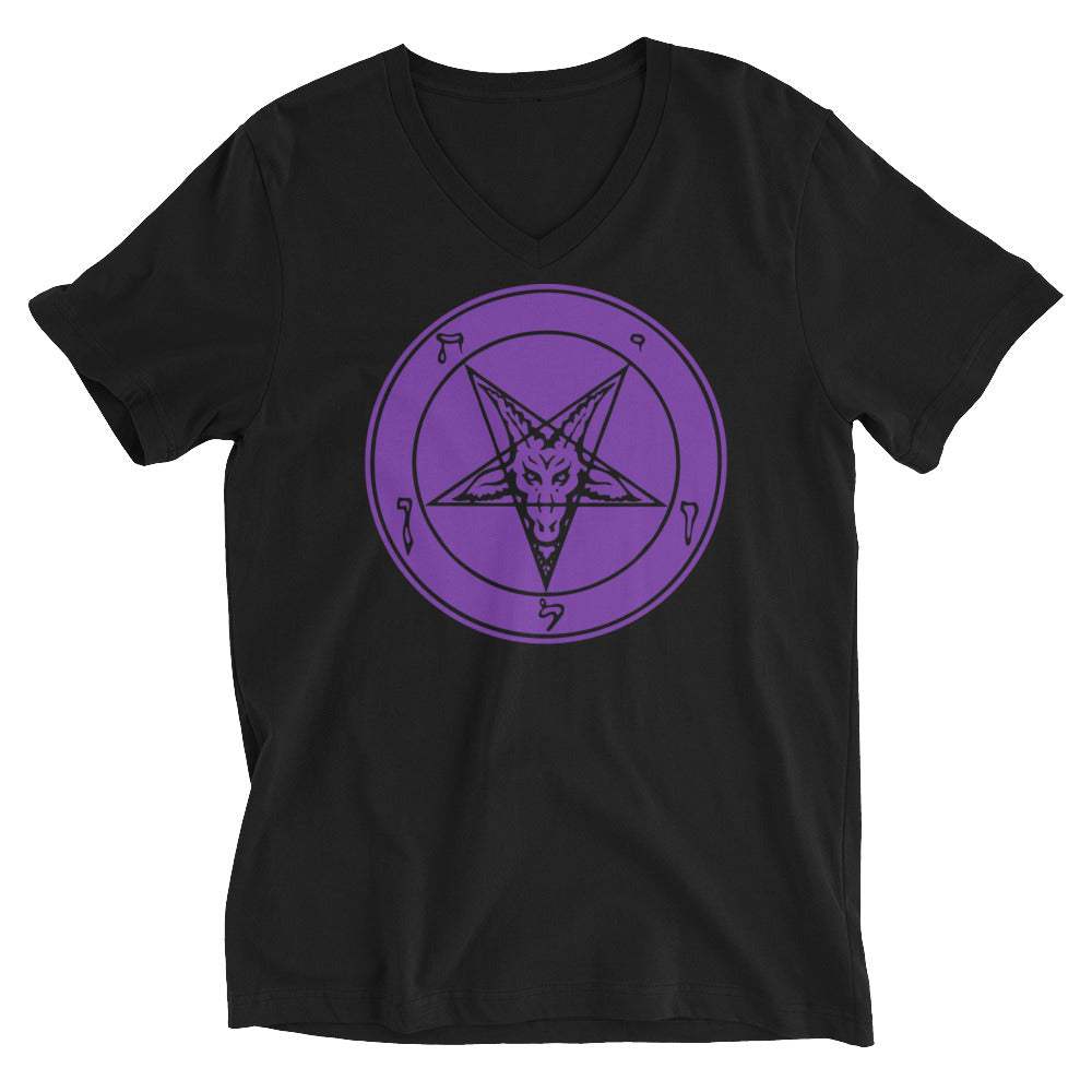 Classic Sigil of Baphomet Goat Head Pentagram Women's Short Sleeve V-Neck T-Shirt Purple Print - Edge of Life Designs