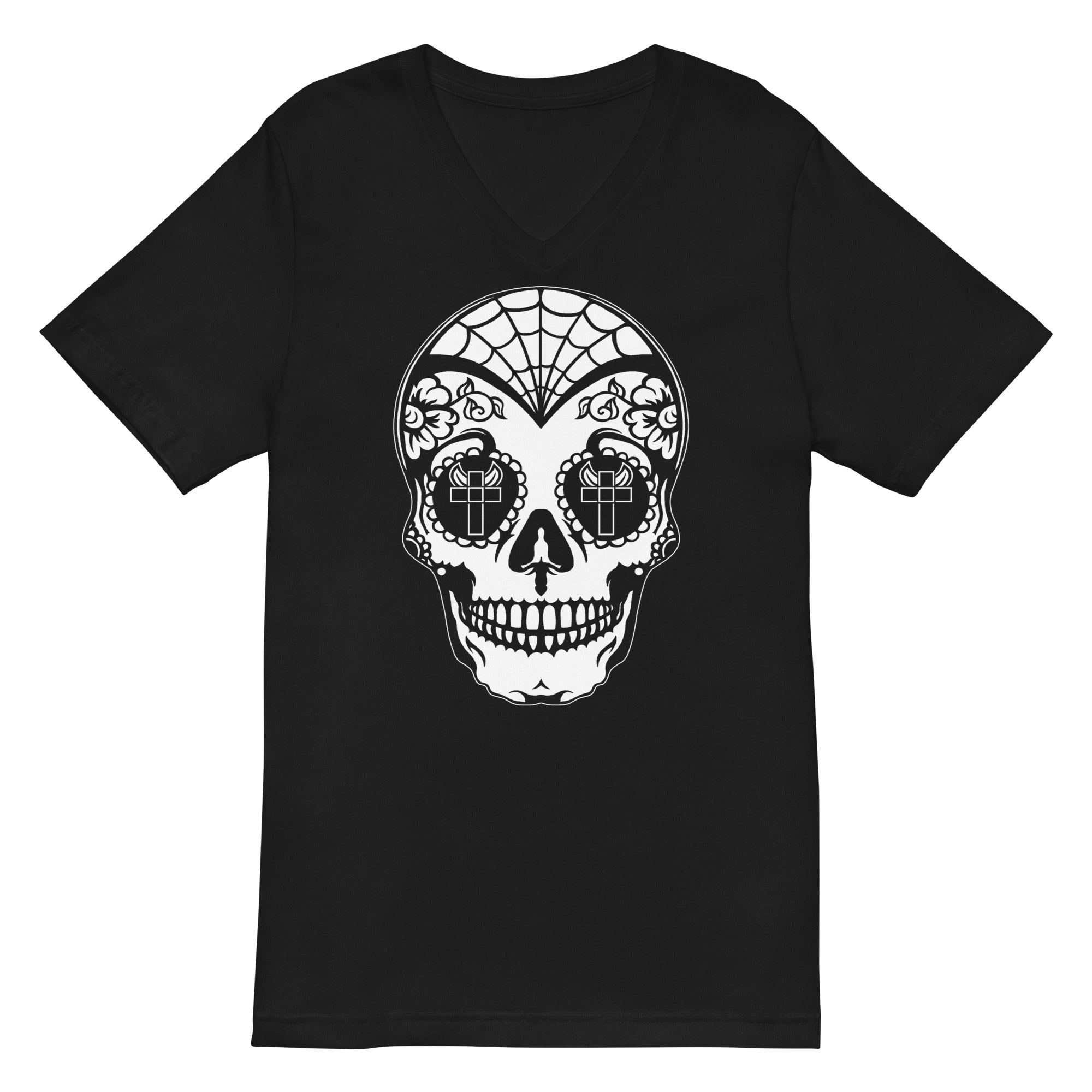 White Sugar Skull Day of the Dead Halloween Women’s Short Sleeve V-Neck T-Shirt - Edge of Life Designs