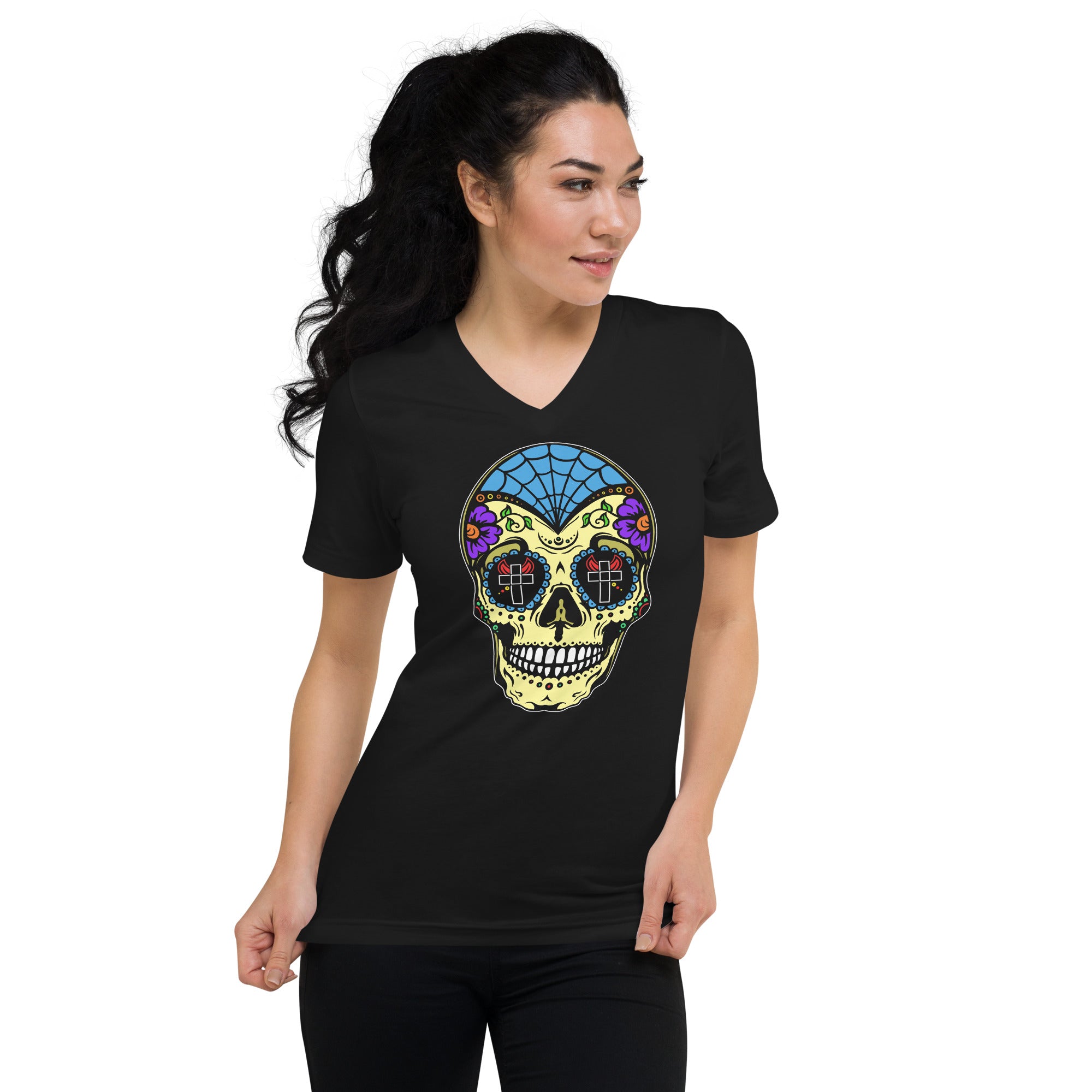 Colorful Sugar Skull Day of the Dead Halloween Women’s Short Sleeve V-Neck T-Shirt - Edge of Life Designs