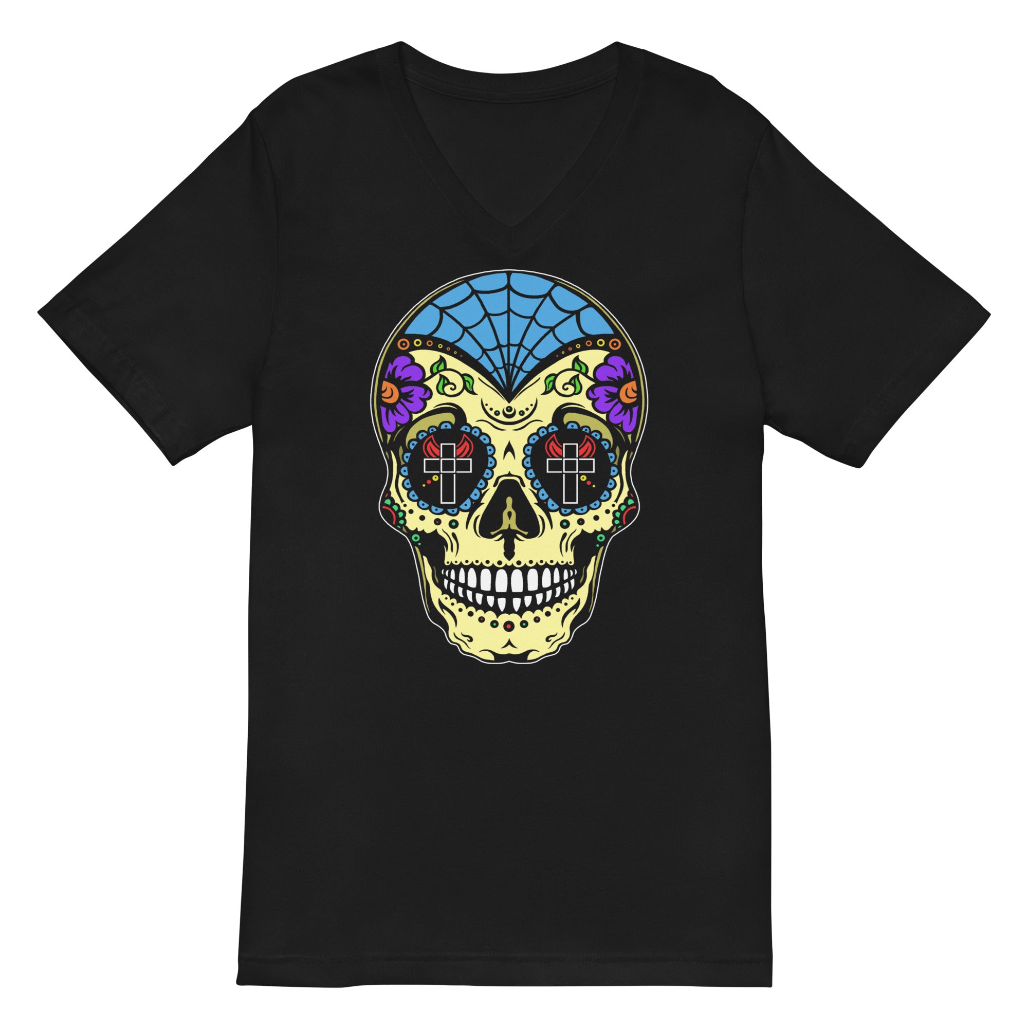 Colorful Sugar Skull Day of the Dead Halloween Women’s Short Sleeve V-Neck T-Shirt - Edge of Life Designs