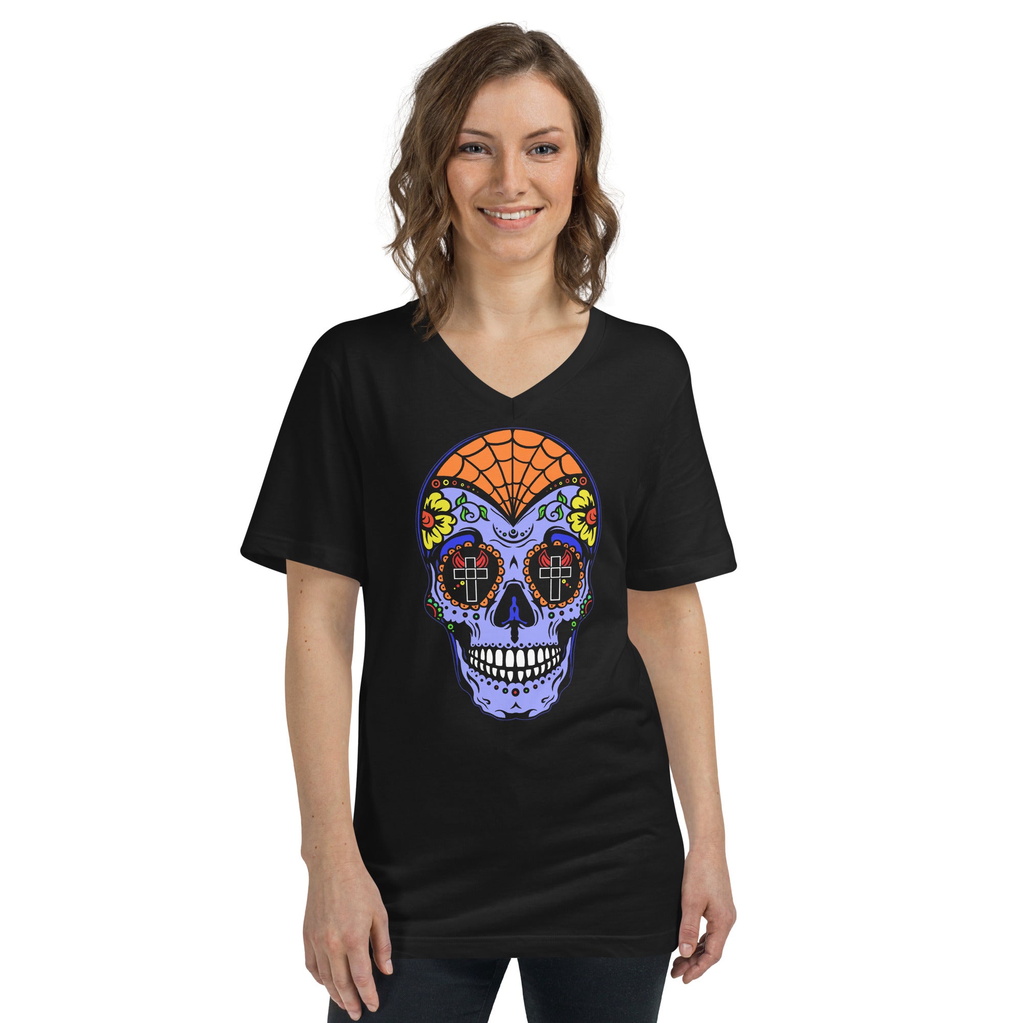 Blue Sugar Skull Day of the Dead Halloween Women’s Short Sleeve V-Neck T-Shirt - Edge of Life Designs