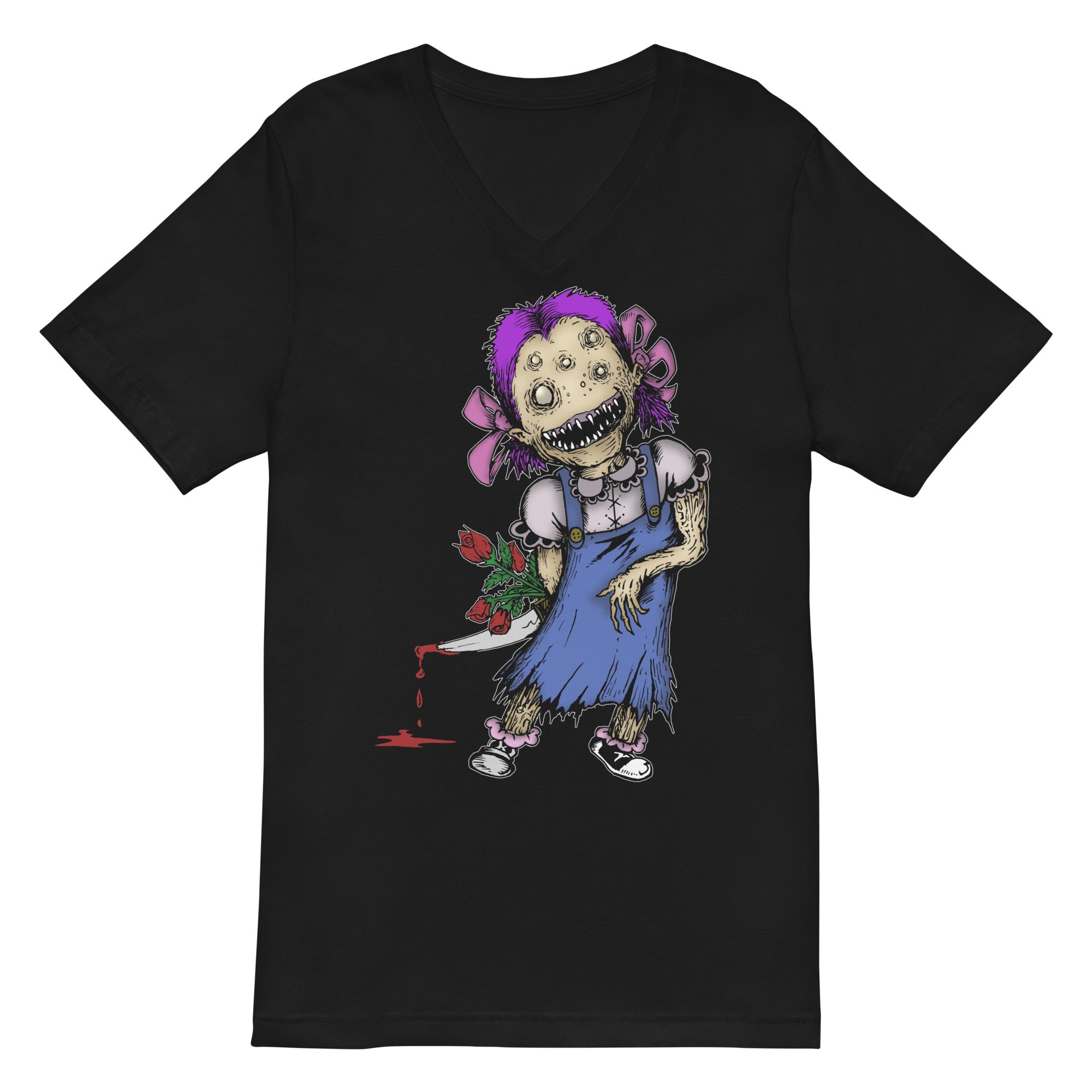 Wicked Little Girl with Bloody Knife Horror Style Women’s Short Sleeve V-Neck T-Shirt - Edge of Life Designs