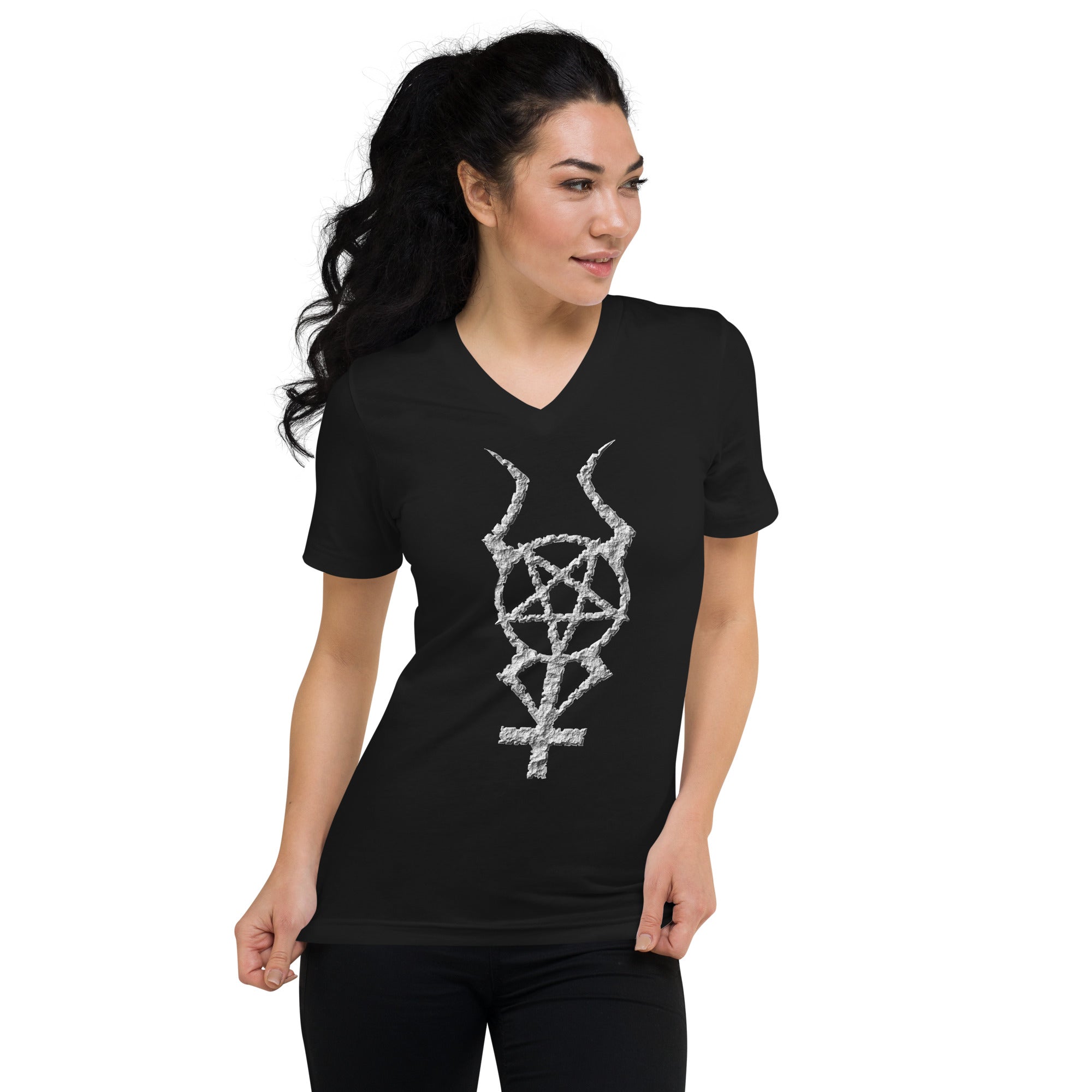 Ancient Stone Horned Pentacross Pentagram Cross Women’s Short Sleeve V-Neck T-Shirt - Edge of Life Designs