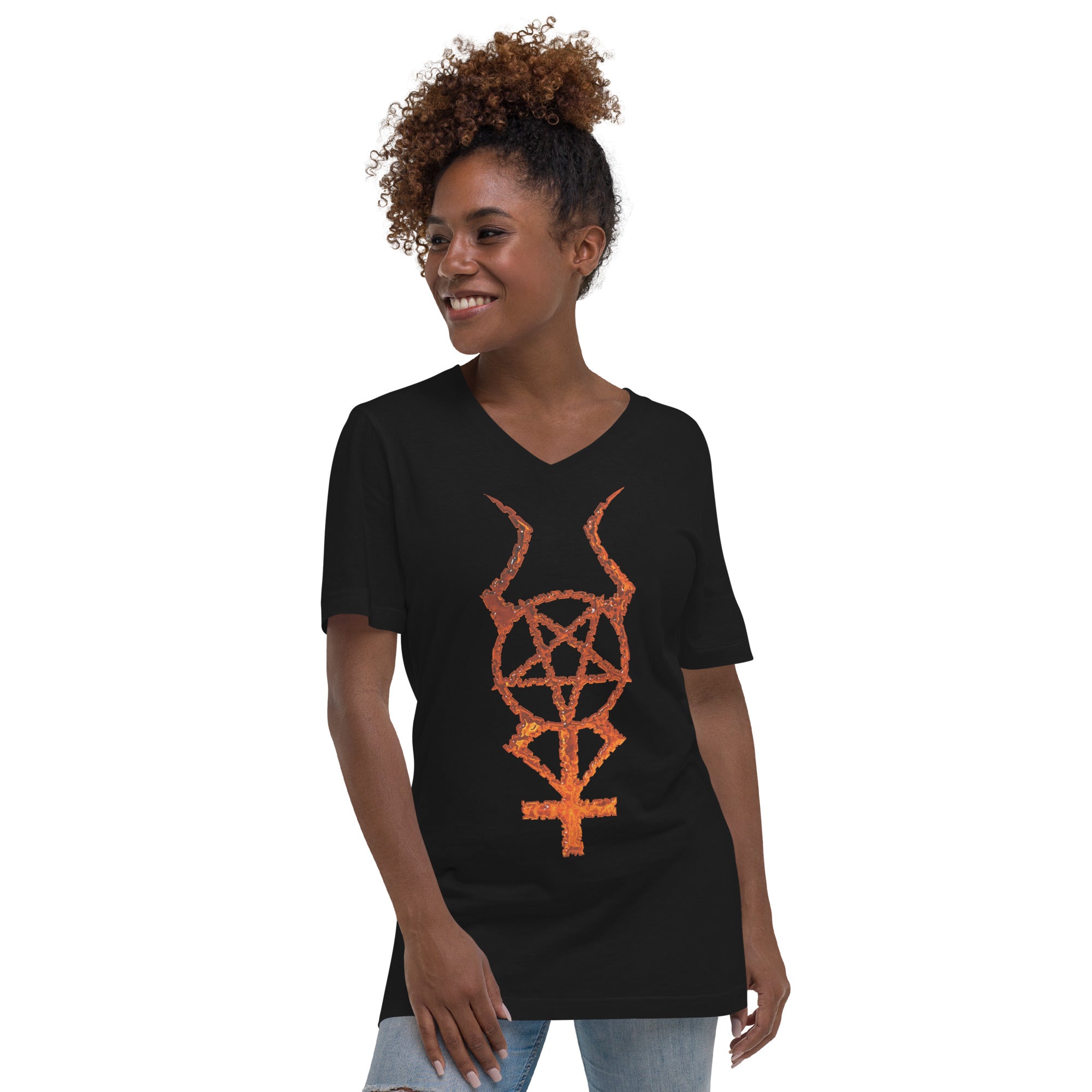 Flame Horned Pentacross Pentagram Cross Women’s Short Sleeve V-Neck T-Shirt - Edge of Life Designs