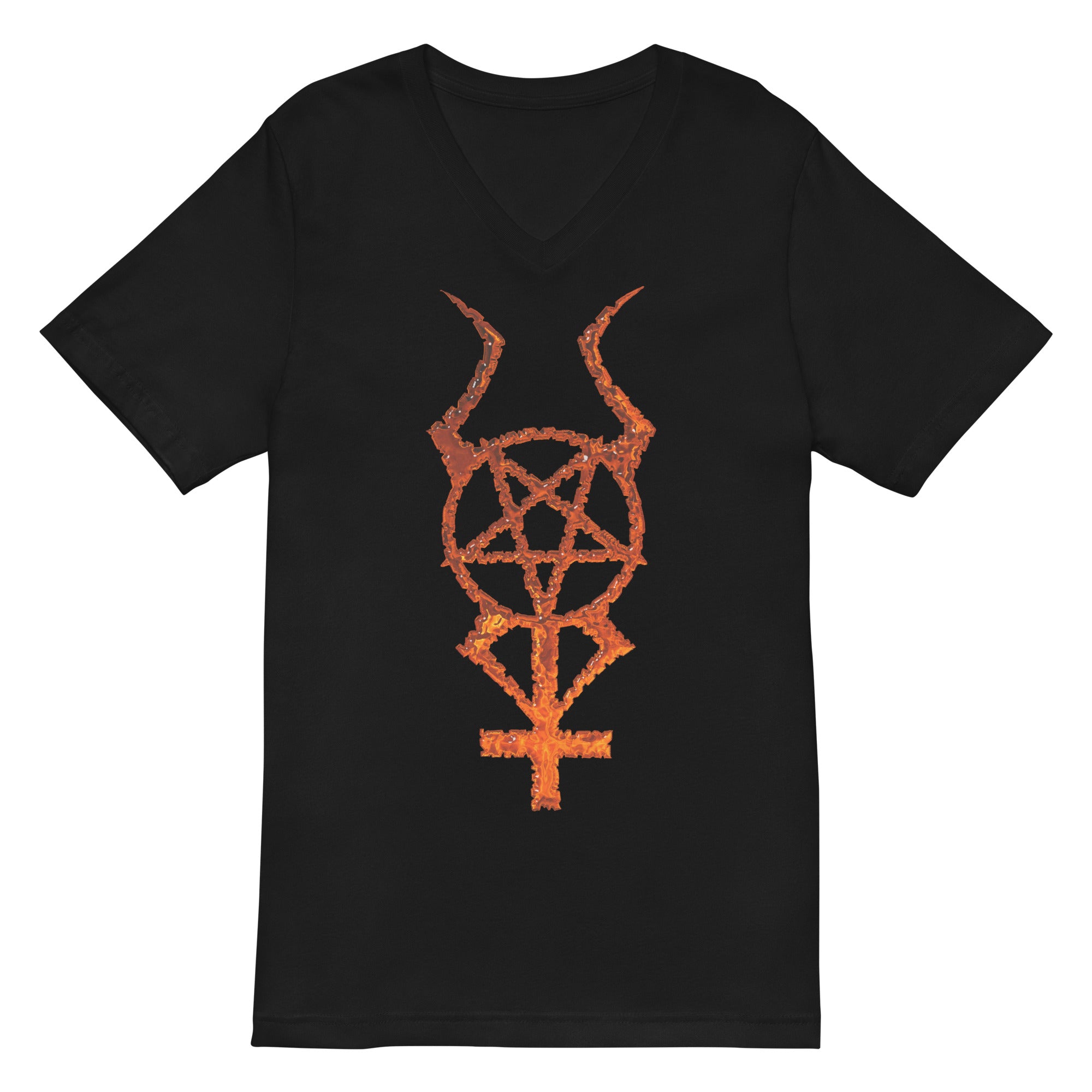 Flame Horned Pentacross Pentagram Cross Women’s Short Sleeve V-Neck T-Shirt - Edge of Life Designs