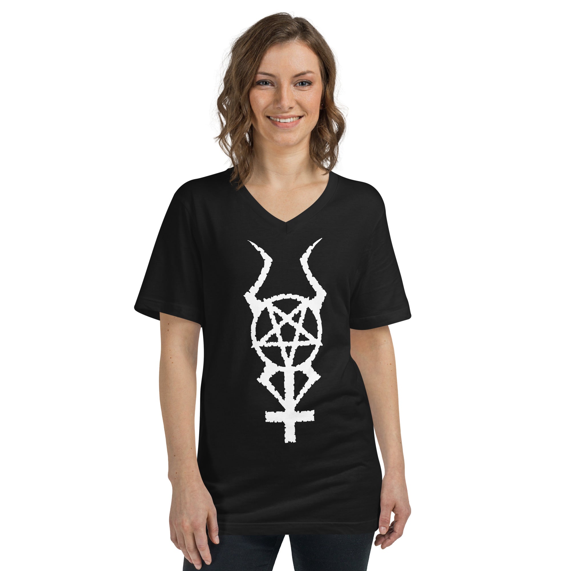 White Horned Pentacross Ritual Pentagram Cross Women’s Short Sleeve V-Neck T-Shirt - Edge of Life Designs