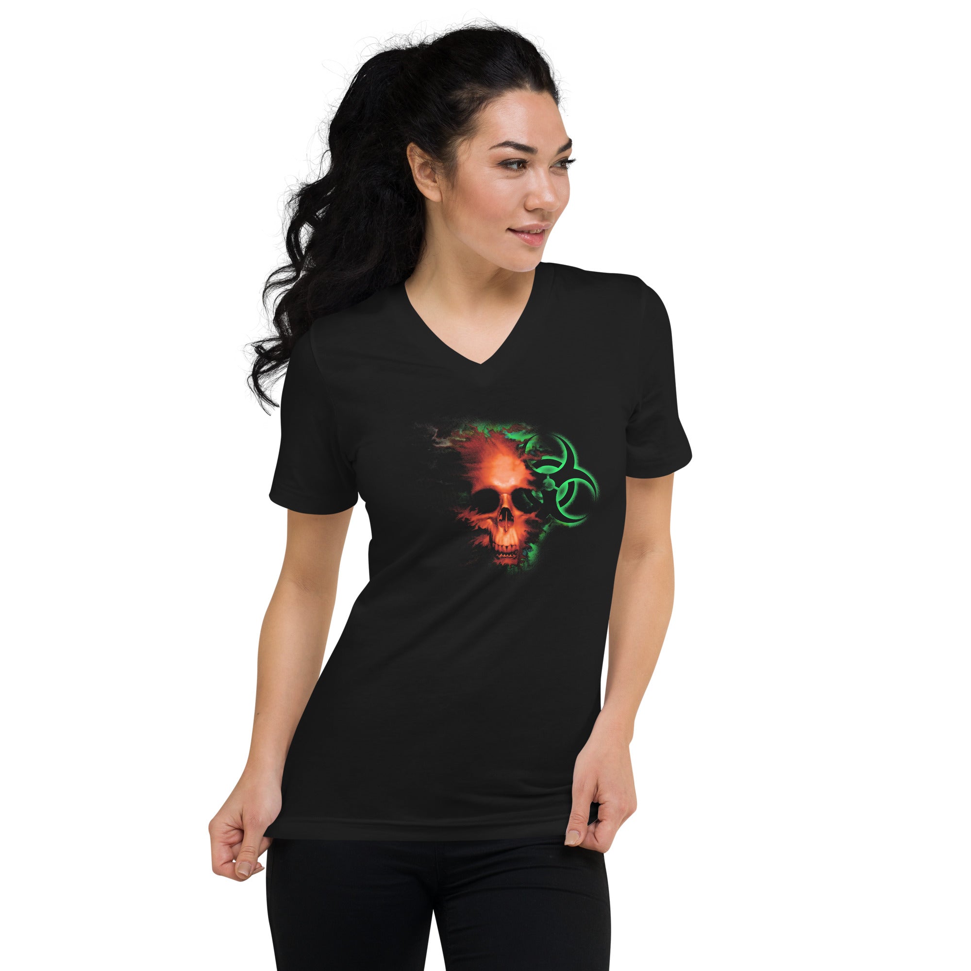 Radioactive Zombie Skull Bio Hazard Women’s Short Sleeve V-Neck T-Shirt - Edge of Life Designs