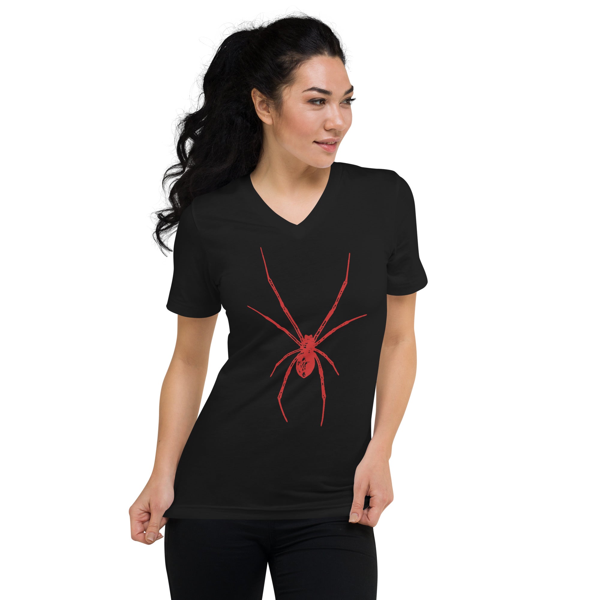 Red Creepy Spider Arachnid Black Widow Women’s Short Sleeve V-Neck T-Shirt - Edge of Life Designs