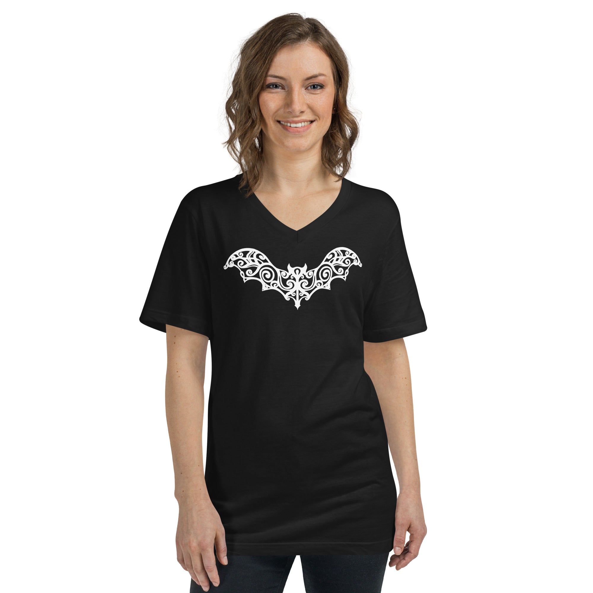 Gothic Wrought Iron Style Vine Bat Women’s Short Sleeve V-Neck T-Shirt White Print - Edge of Life Designs