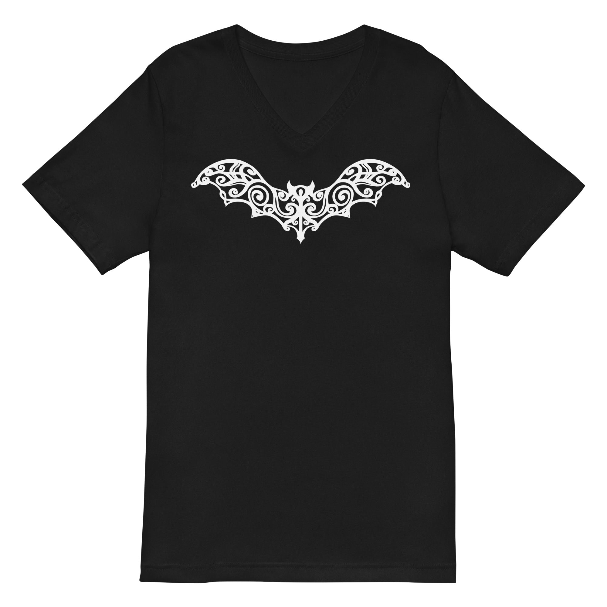 Gothic Wrought Iron Style Vine Bat Women’s Short Sleeve V-Neck T-Shirt White Print - Edge of Life Designs
