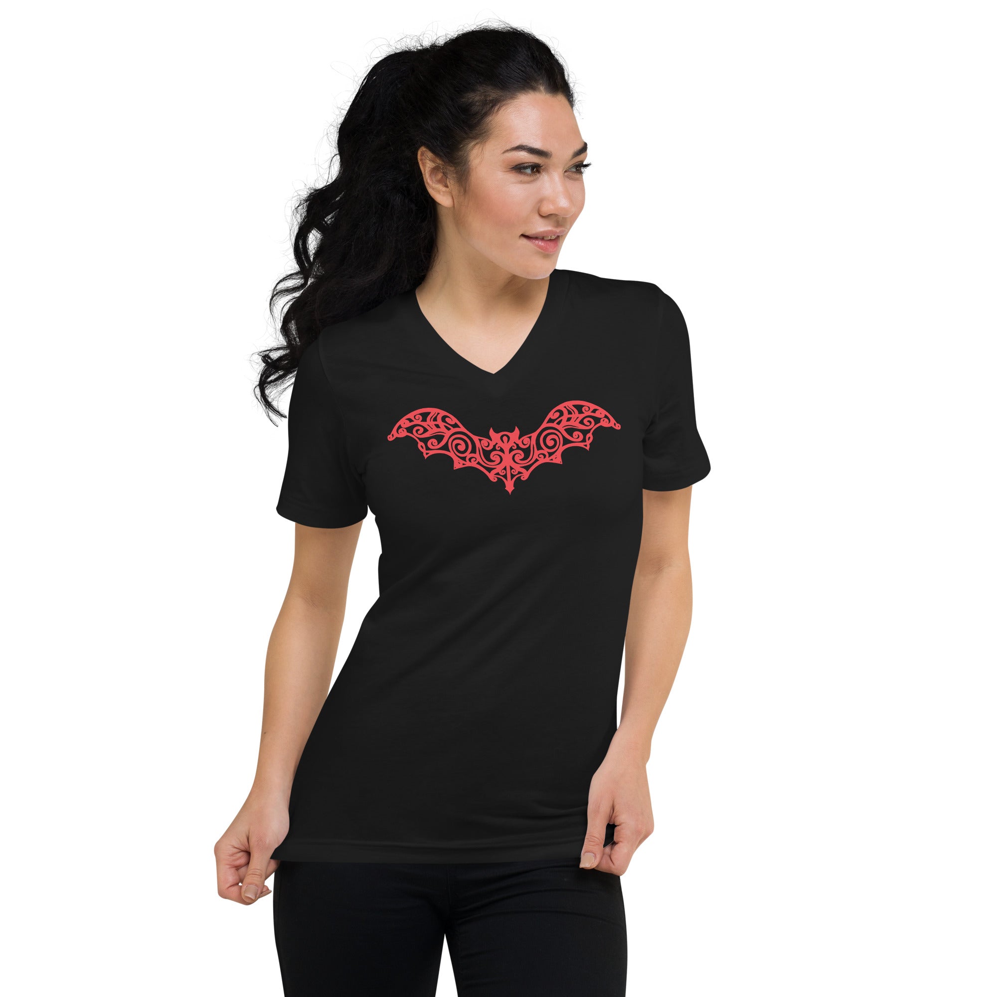 Gothic Wrought Iron Style Vine Bat Women’s Short Sleeve V-Neck T-Shirt Red Print - Edge of Life Designs
