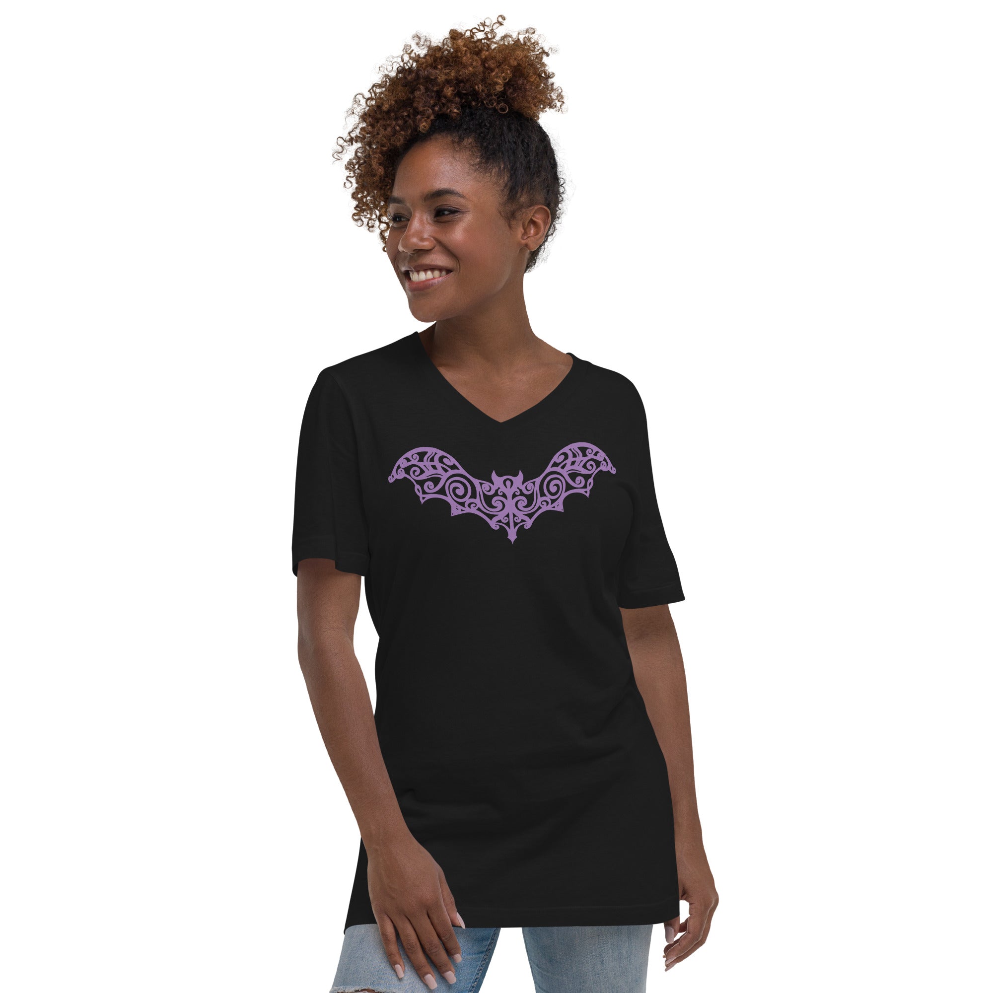 Gothic Wrought Iron Style Vine Bat Women’s Short Sleeve V-Neck T-Shirt Purple Print - Edge of Life Designs