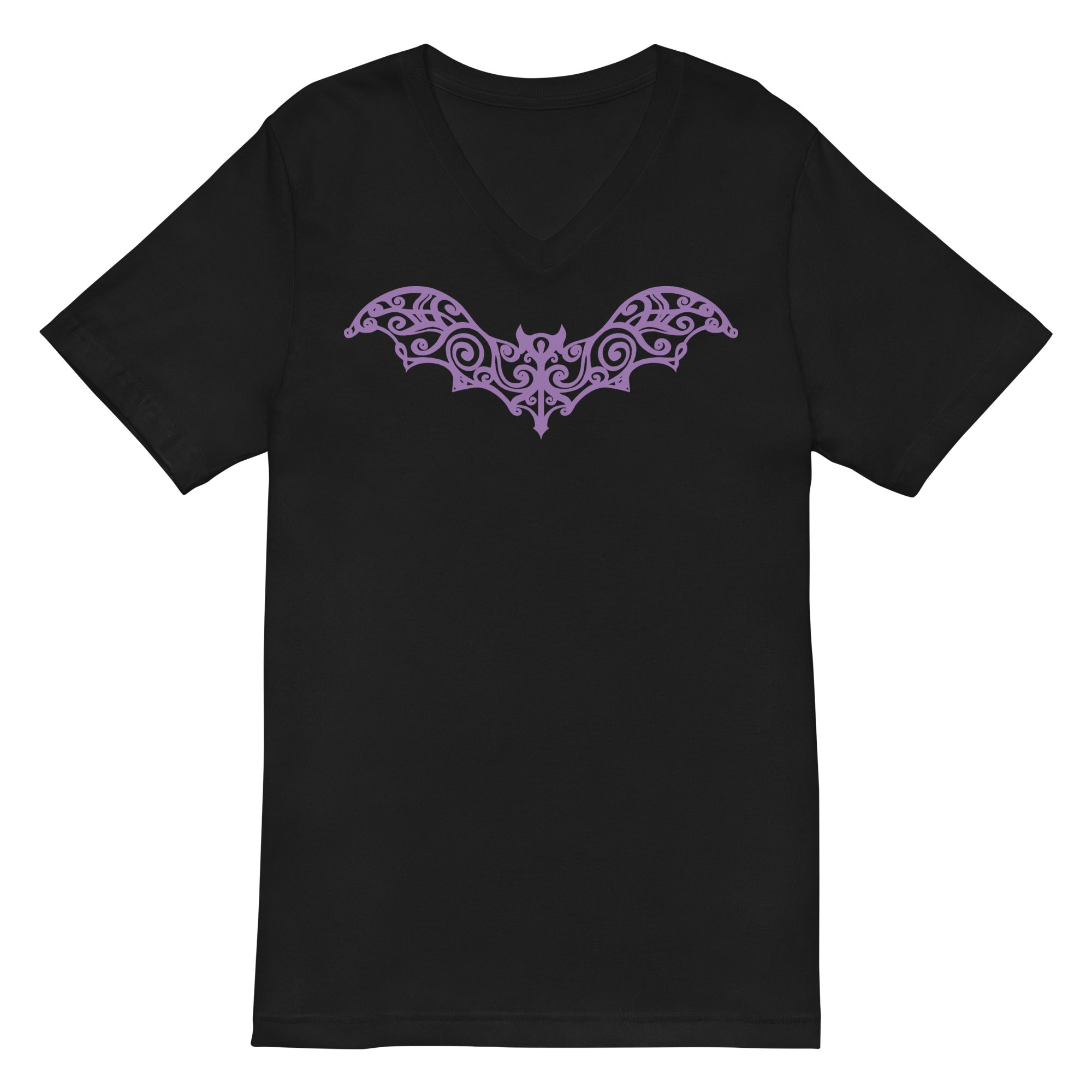 Gothic Wrought Iron Style Vine Bat Women’s Short Sleeve V-Neck T-Shirt Purple Print - Edge of Life Designs