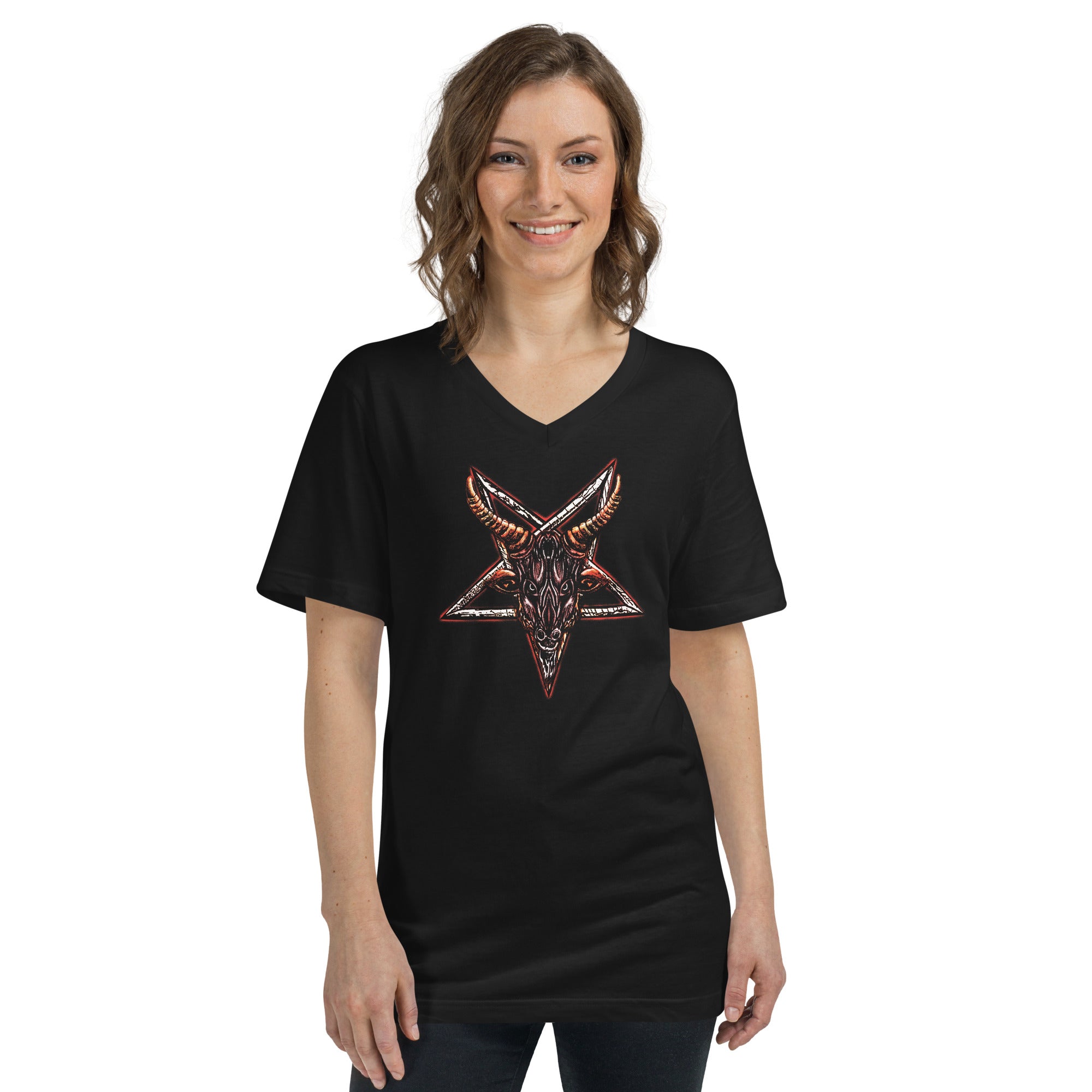 Goat Head Baphomet Inverted Pentagram Satanic Women’s Short Sleeve V-Neck T-Shirt - Edge of Life Designs