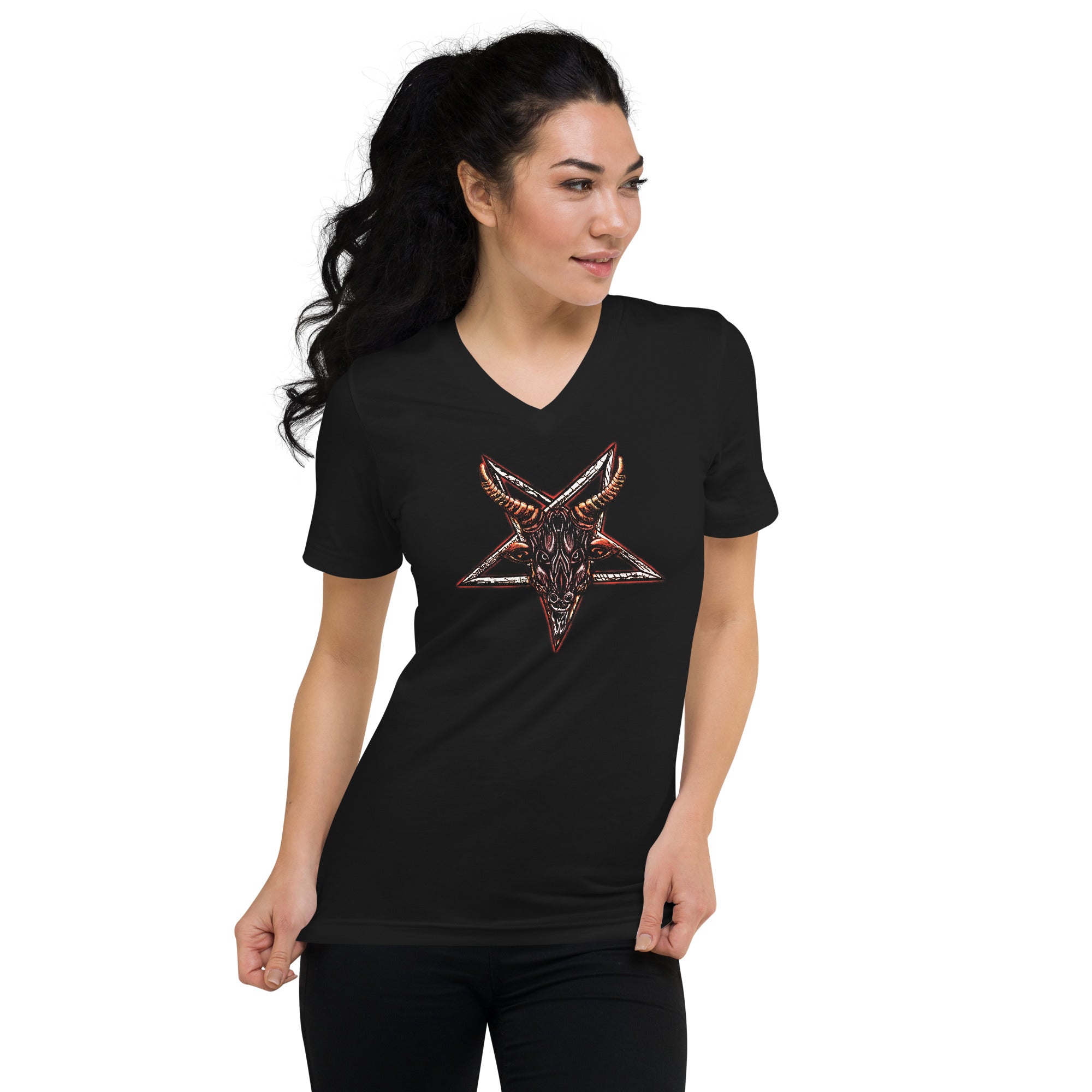 Goat Head Baphomet Inverted Pentagram Satanic Women’s Short Sleeve V-Neck T-Shirt - Edge of Life Designs