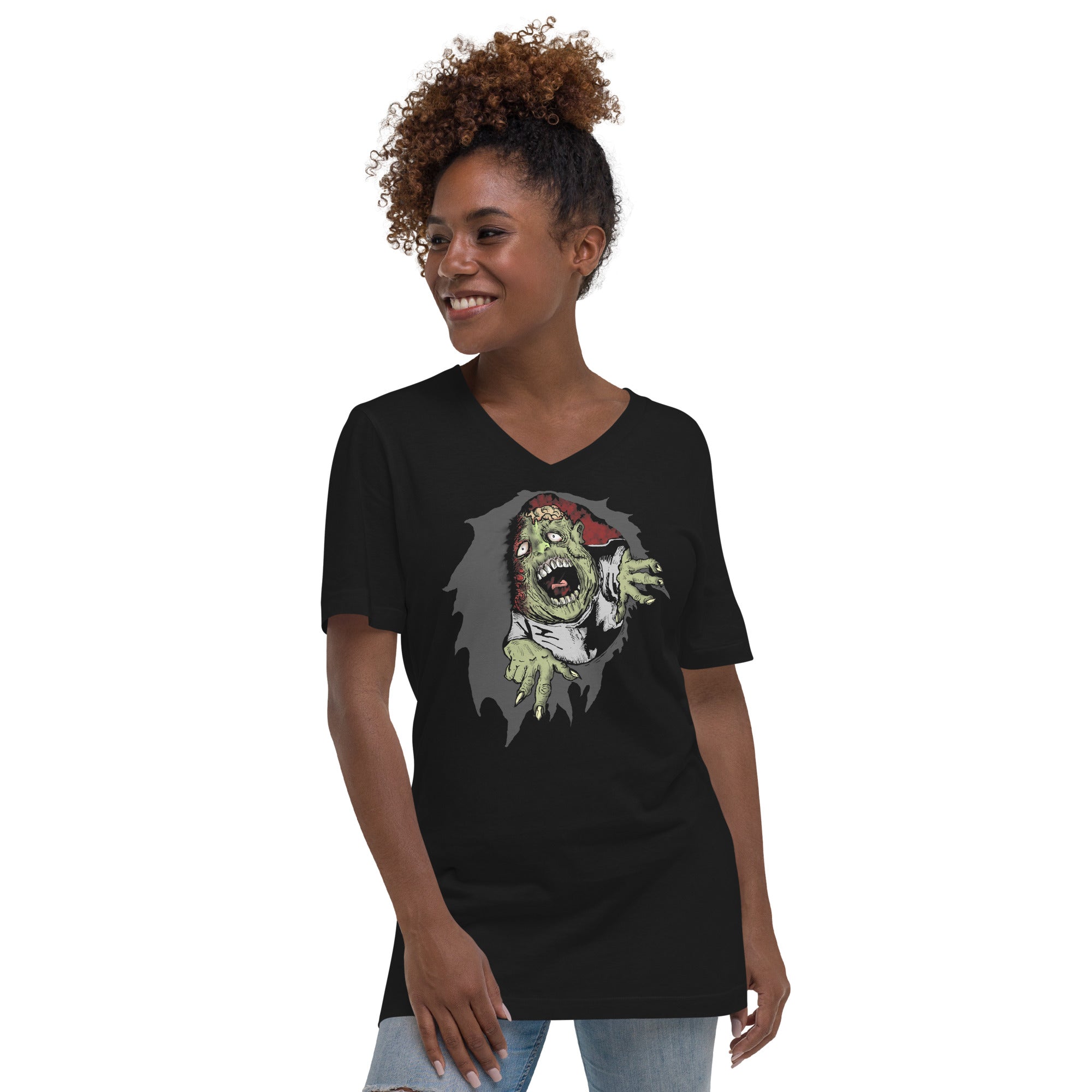Flesh Eating Zombie Ripping Through Chest Horror Women’s Short Sleeve V-Neck T-Shirt - Edge of Life Designs