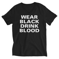 Wear Black Drink Blood design on unisex V-neck shirt, front view