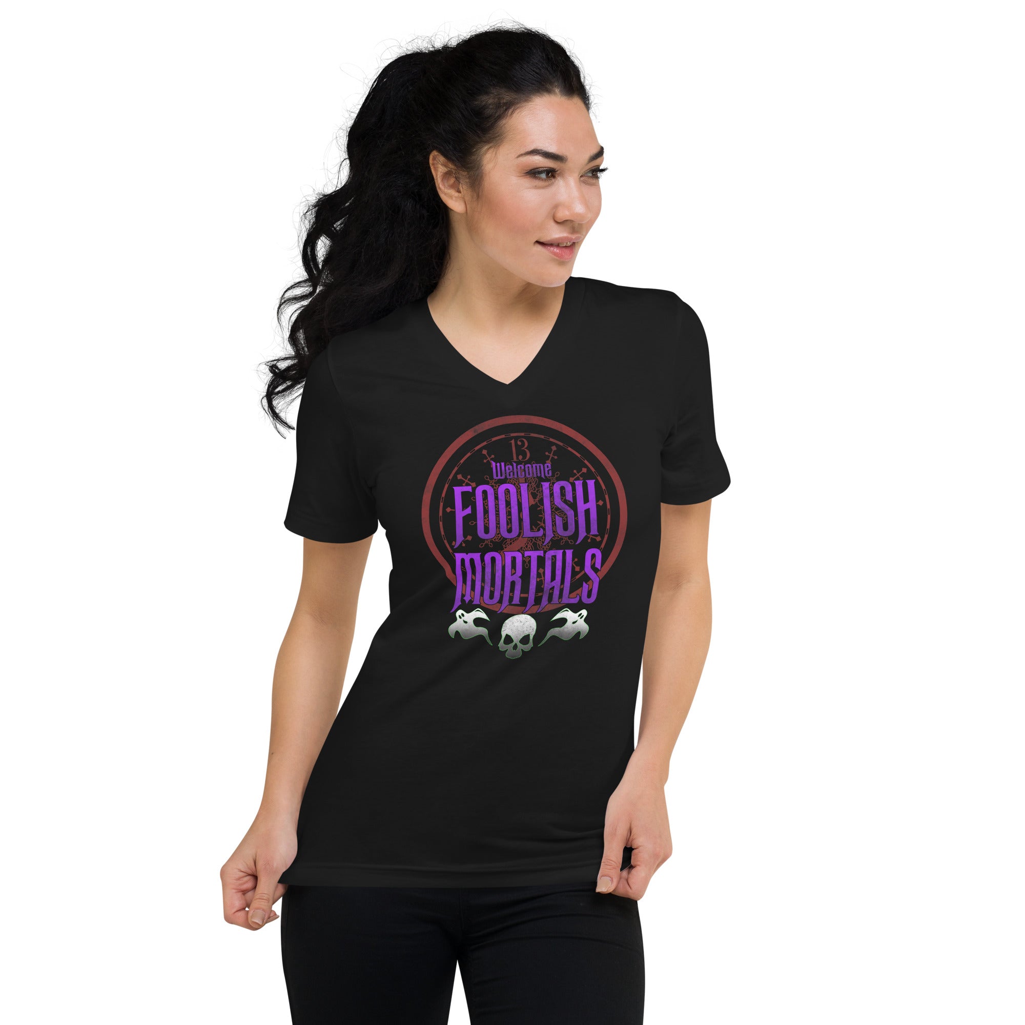 Welcome Foolish Mortals Haunted Mansion Women’s Short Sleeve V-Neck T-Shirt - Edge of Life Designs