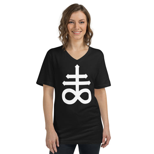 White Leviathan Cross design on unisex V-neck shirt, front view