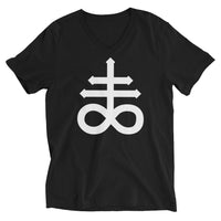 White Leviathan Cross design on unisex V-neck shirt, front view
