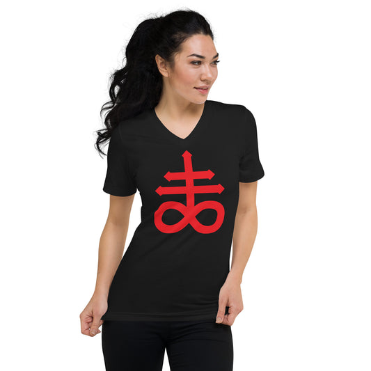 Red Leviathan Cross design on unisex V-neck shirt, front view