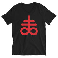 Red Leviathan Cross design on unisex V-neck shirt, front view