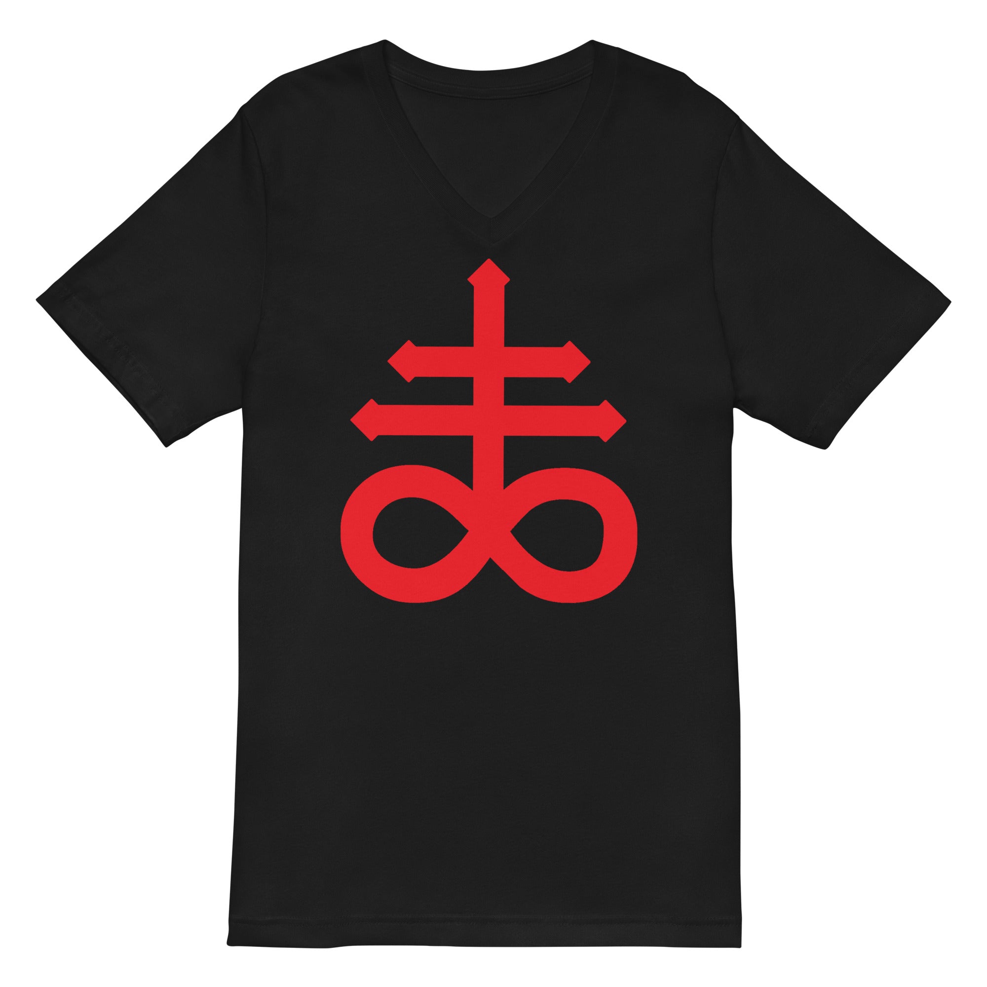 The Leviathan Cross of Satan Occult Symbol Women’s Short Sleeve V-Neck T-Shirt Red Print - Edge of Life Designs