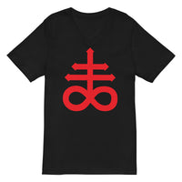 Red Leviathan Cross design on unisex V-neck shirt, front view