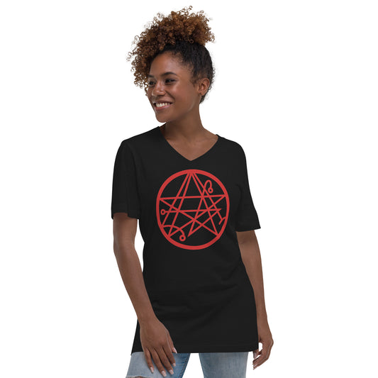 Necronomicon Symbol design on unisex V-neck shirt, front view