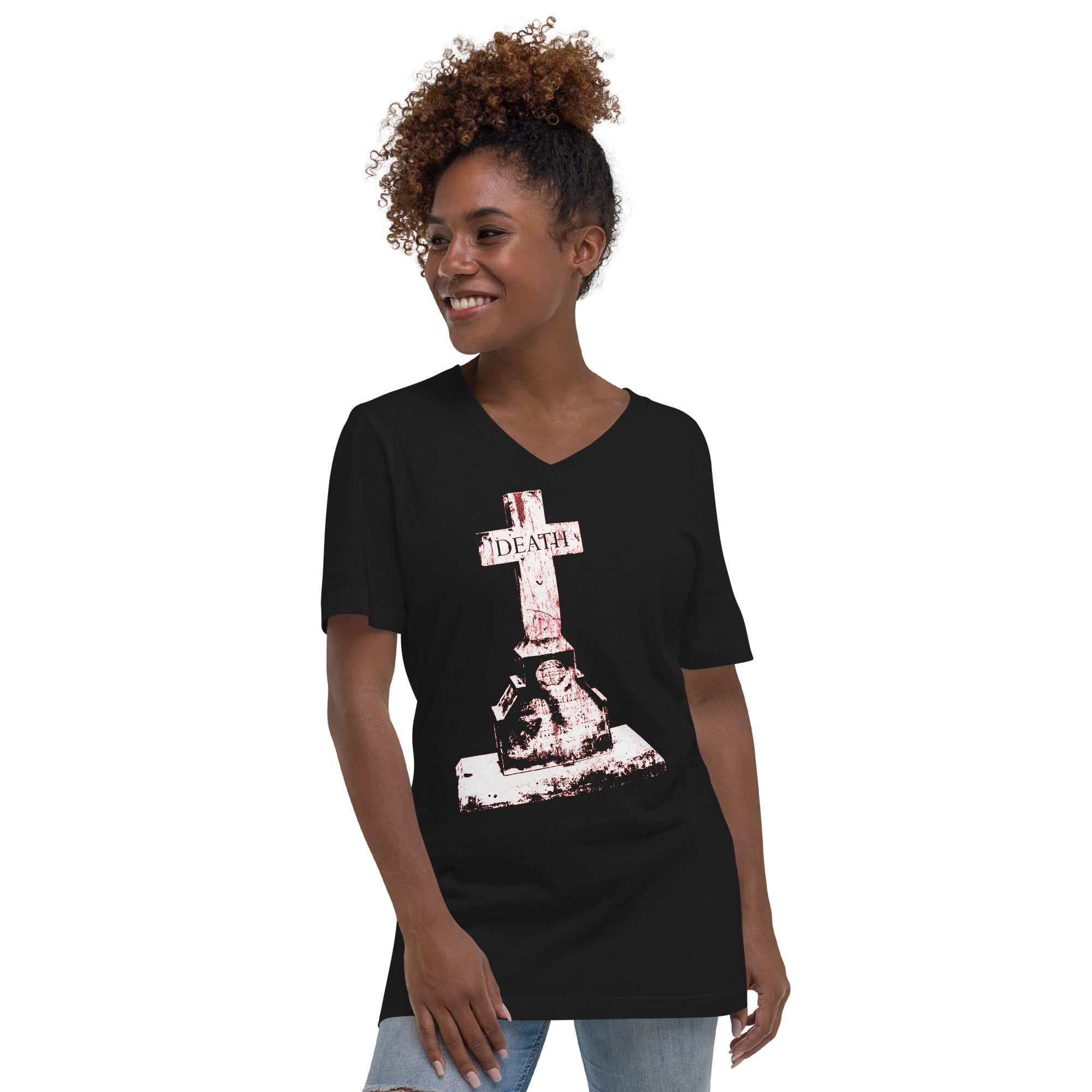 Cemetery Gravestone Death Tombstone Marker Women’s Short Sleeve V-Neck T-Shirt - Edge of Life Designs