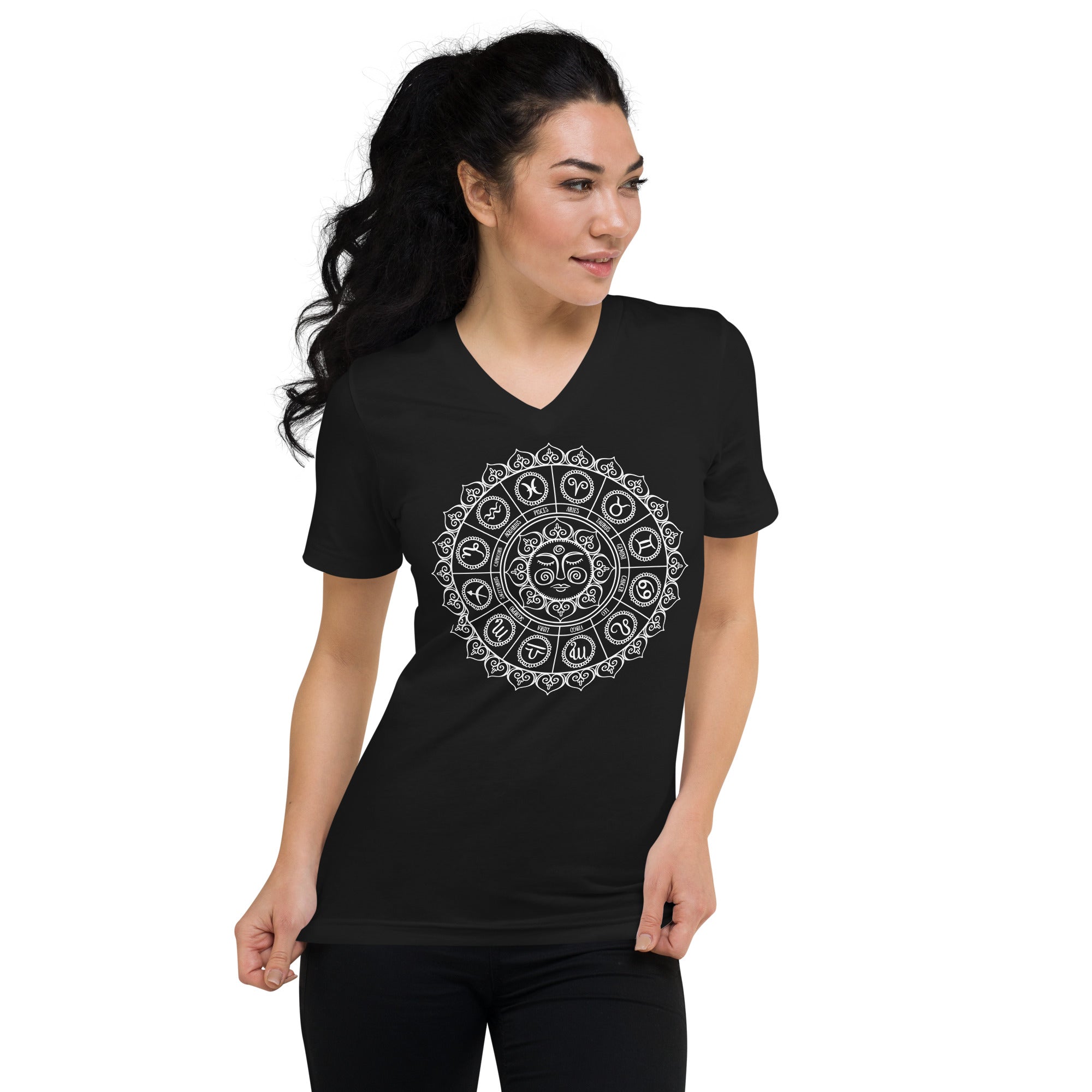 Cosmic Zodiac Signs Astrology Sun Wheel Women’s Short Sleeve V-Neck T-Shirt - Edge of Life Designs