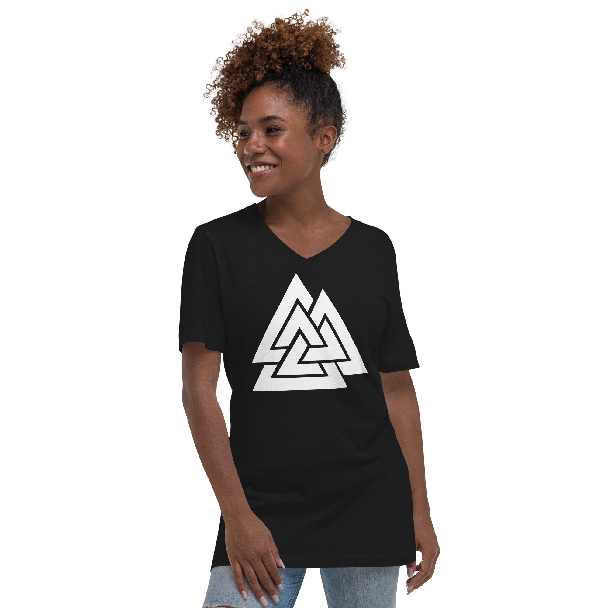 Viking Symbol Valknut Triangles of Power and Glory Women’s Short Sleeve V-Neck T-Shirt - Edge of Life Designs