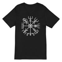 Vegvisir Wayfinder design on unisex V-neck shirt, front view