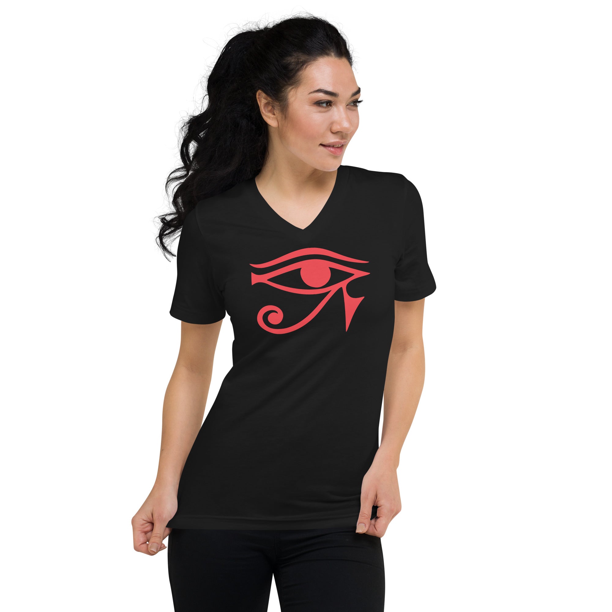 Eye of Ra Egyptian Goddess Women’s Short Sleeve V-Neck T-Shirt Red Print - Edge of Life Designs